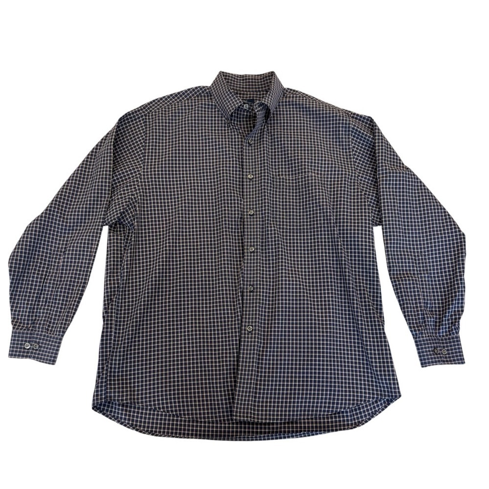 Brooks Brothers 346 Navy Blue Yellow Plaid Button Down Long Sleeve Dress Shirt